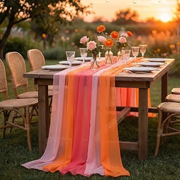 Boao 6 Pcs Red Pink Orange Party Decorations Table Runner Cloth 10Ft Boho Sheer Rustic Fabric Sunset Soiree Party Decorations for Wedding Birthday Baby Bridal Shower Graduation Dawn Sunset Decor