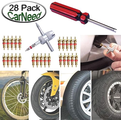 Miniatura 2 de Febrytold 3 piezas de herramientas de extracción de núcleo de válvula de neumático con 25 núcleos de vástago de válvula de latón, herramienta de