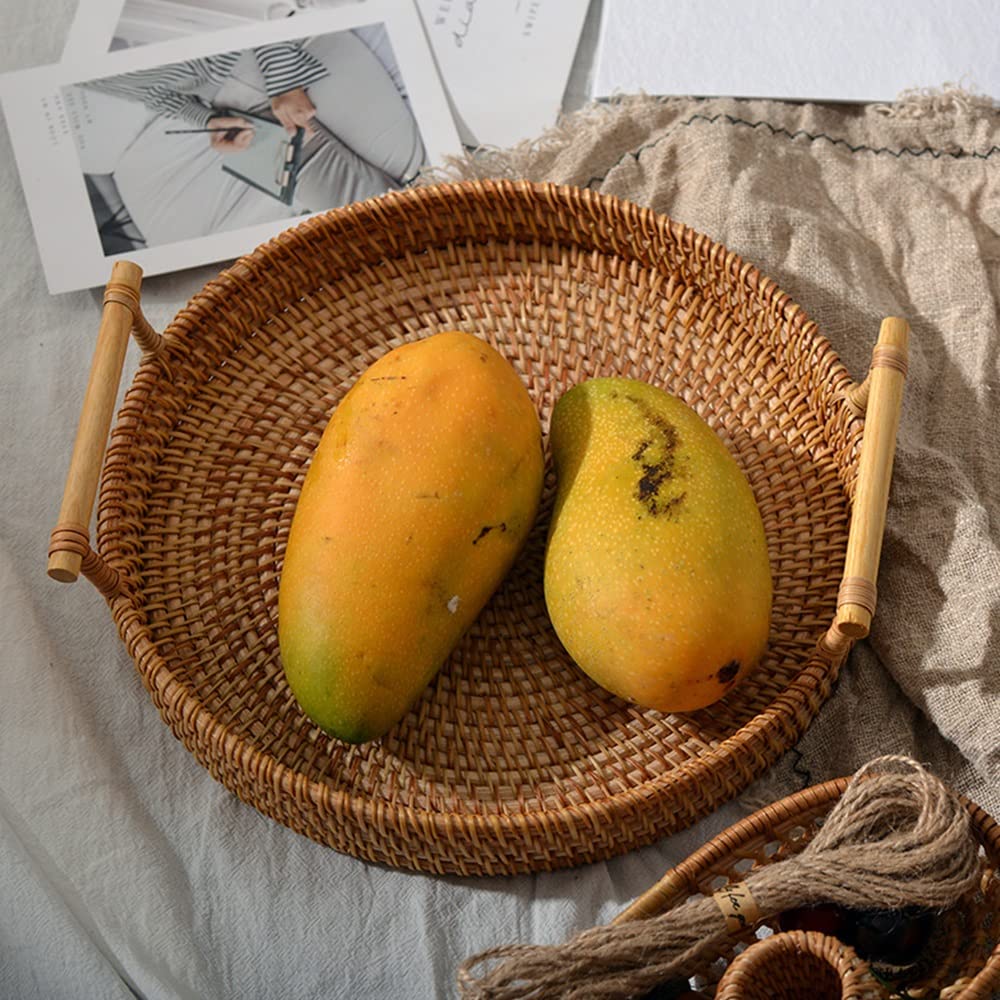 Cestas de Almacenamiento, Bandeja de Cestas Cesta de Mimbre Cesta de Picnic Tejida de Sauce Bandeja de Almacenamiento de ratán Tejida a Mano con Mango de Madera Bandejas de té (Color : A, Size : One S