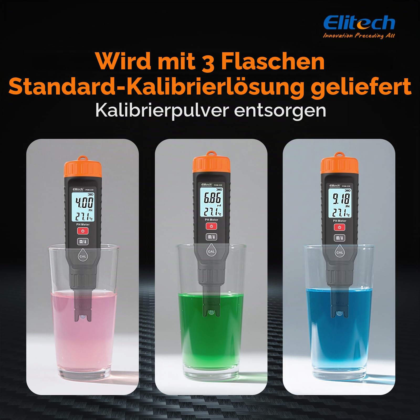 Elitech pH Messgerät mit Temperaturanzeige 0–14 pH ±0.05 Genauigkeit,pH Tester automatische Kalibrierung Hintergrundbeleuchtung mit Farbwarnung