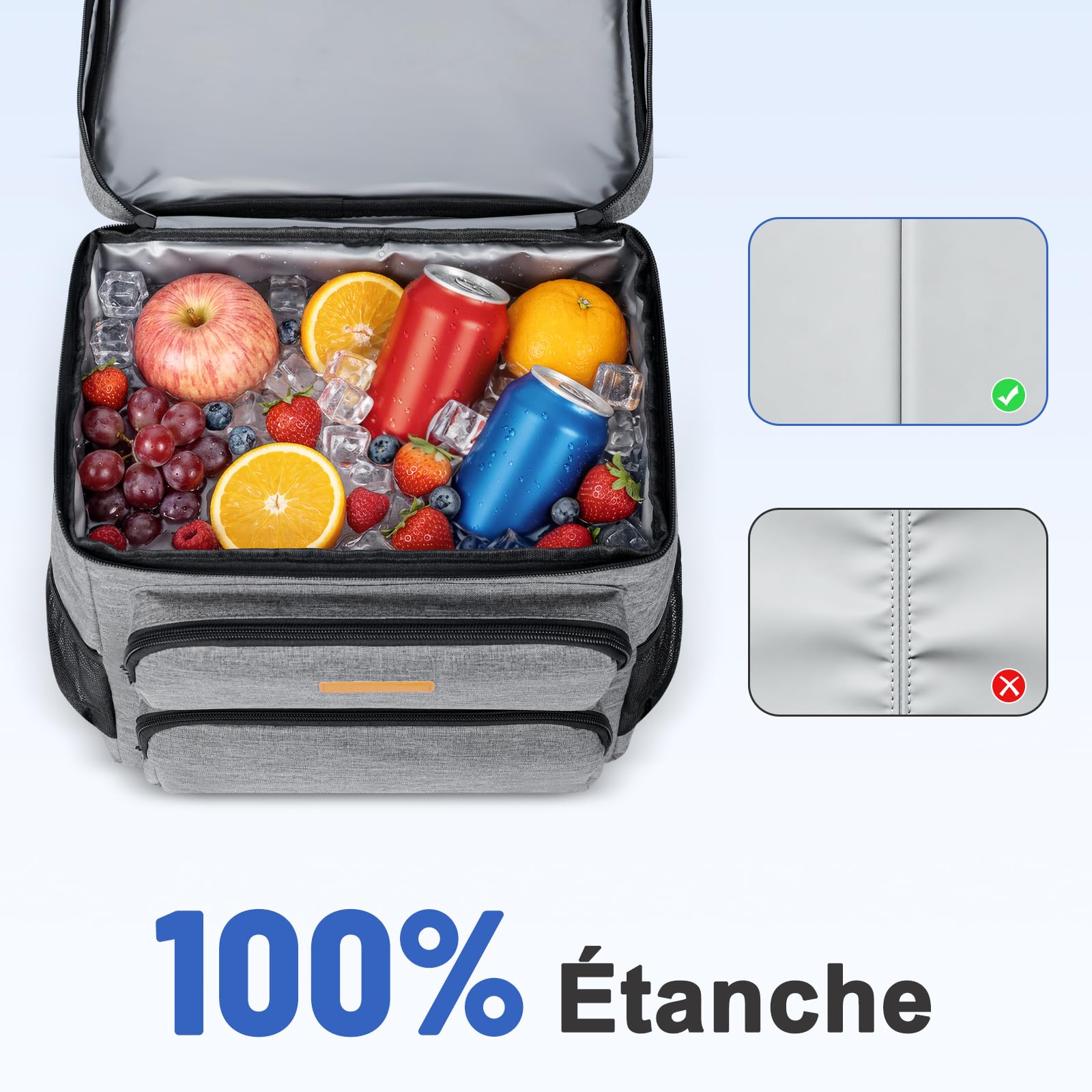 Sac à Dos Isotherme Étanche et Souple Grande Capacité de 33 L Sac à Dos de Pique-Nique avec Multiples Poches et Un Décapsuleur Sac à Dos Glacière Portable pour Famille Repas Camping Plage Travail