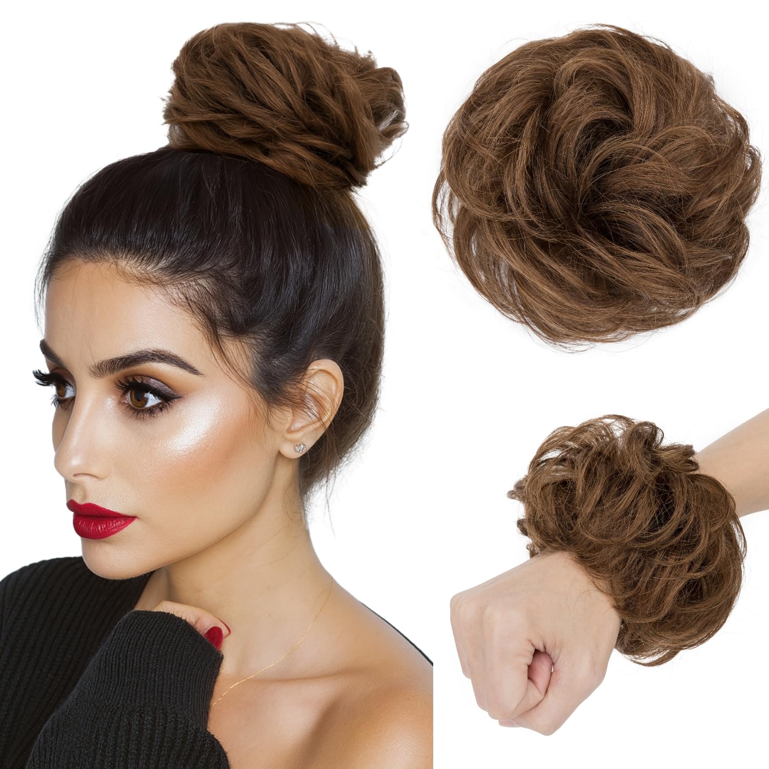 tesshair Messy Bun Hair Piece 100% Thick Tousled Human Scrunchies Natural Curly Wavy Bun Hair Piece with Elastic Band Medium Brown Hairpieces for Women Girls(Medium Brown