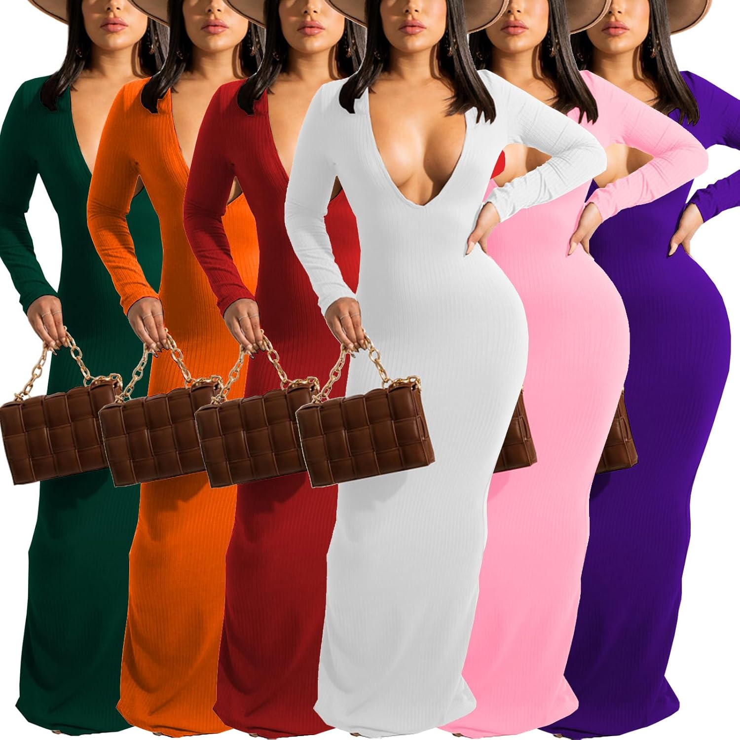 Women's Casual Long Sleeves Bodycon Maxi Dress Plus Size Sexy Deep V Neck Club Night Party Sweater Ribbed Long Dresses - Image 8