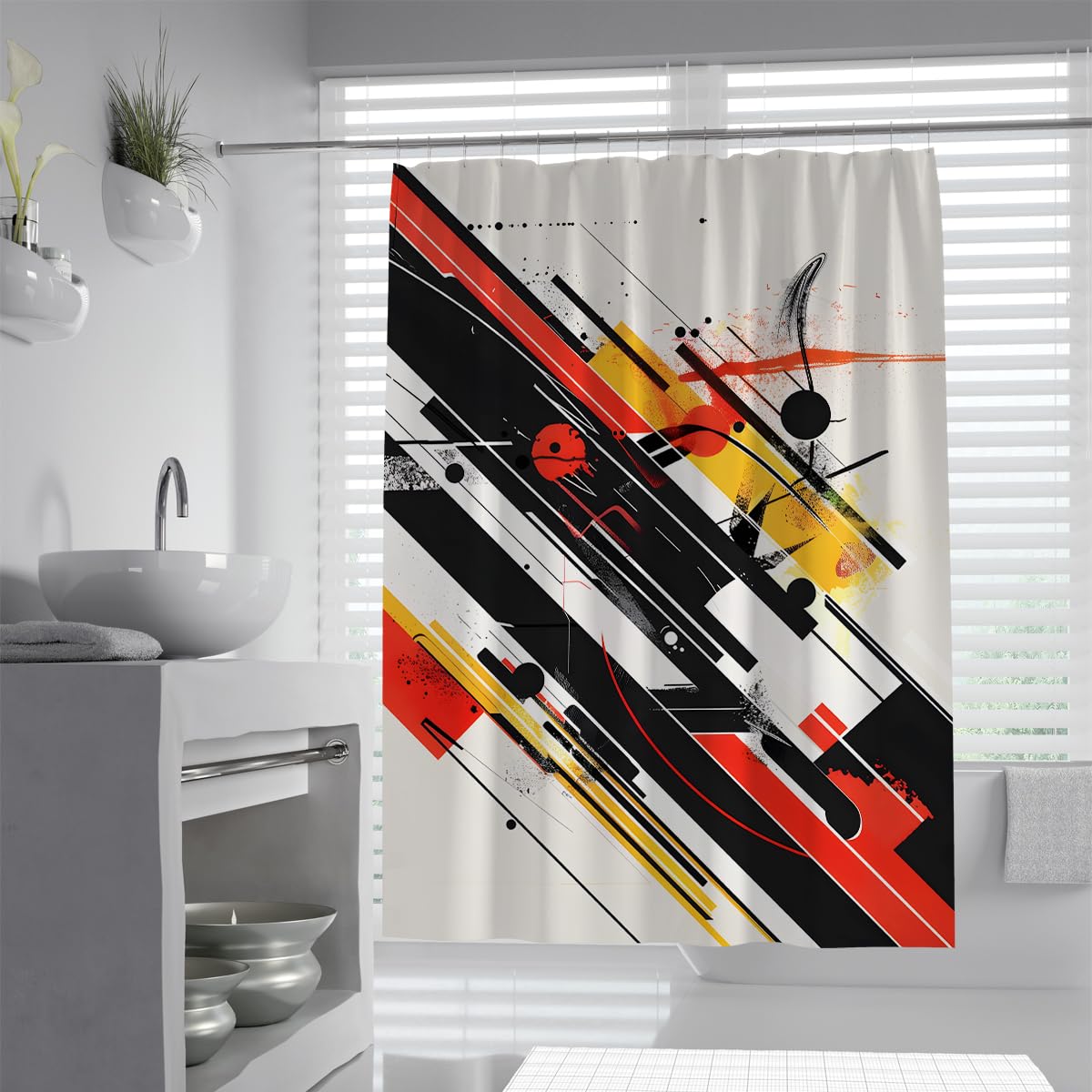 UIRINGART W100xL200cm Water Repellent Anti Mould Washable Polyester Fabric Shower Curtains with Hooks Abstract Geometric Lines Red Black Yellow Graphic Art Bath Drapery Studio Decor