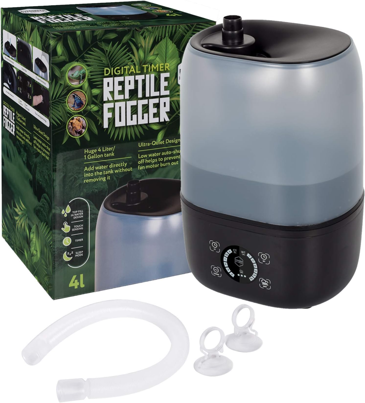 Evergreen Pet Supplies Ultrasonic Reptile Fogger Humidifier - Digital Timer Terrarium Fogger - Dry-Run Protection Automatic Misting System - Tabletop Humidifier for Reptiles - 4L, Black
