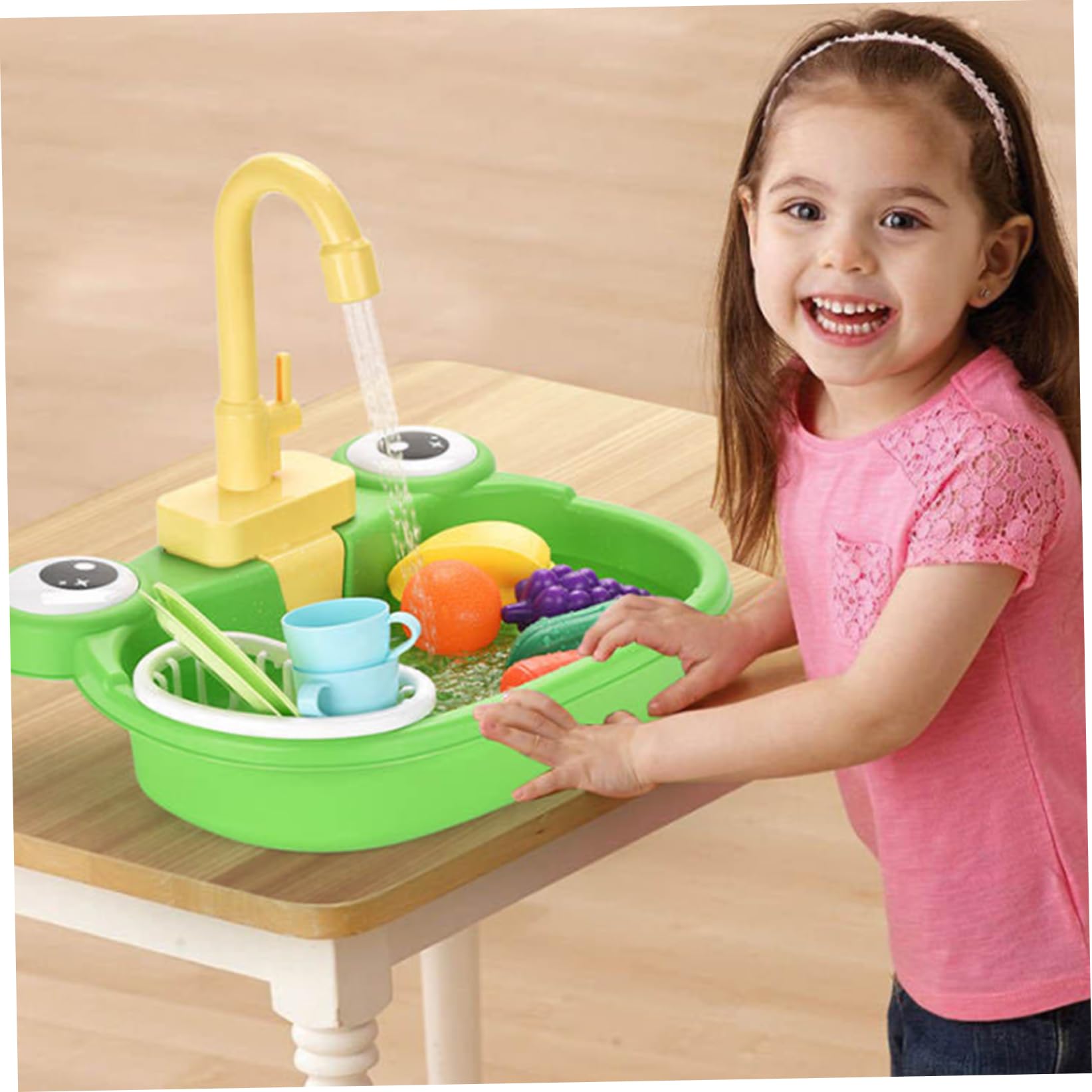 Lavandino da Gioco con Acqua Corrente, Lavandino Giocattolo in Plastica a Forma di Rana 32x26, 5x27 cm con Rubinetto Girevole a 180° e Modellini Giocattolo, Accessori da Cucina da Gioco, Set Lavastovi