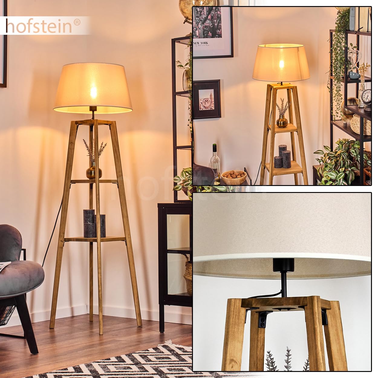 Stehleuchte Bassagoda, Stehlampe aus Holz/Stoff in Natur/Beige/Weiß, Leuchte im skandinavischen Design, Schirm Ø 45 cm, Ablageflächen u. Fußschalter, Höhe 148 cm, 1 x E27, ohne Leuchtmittel