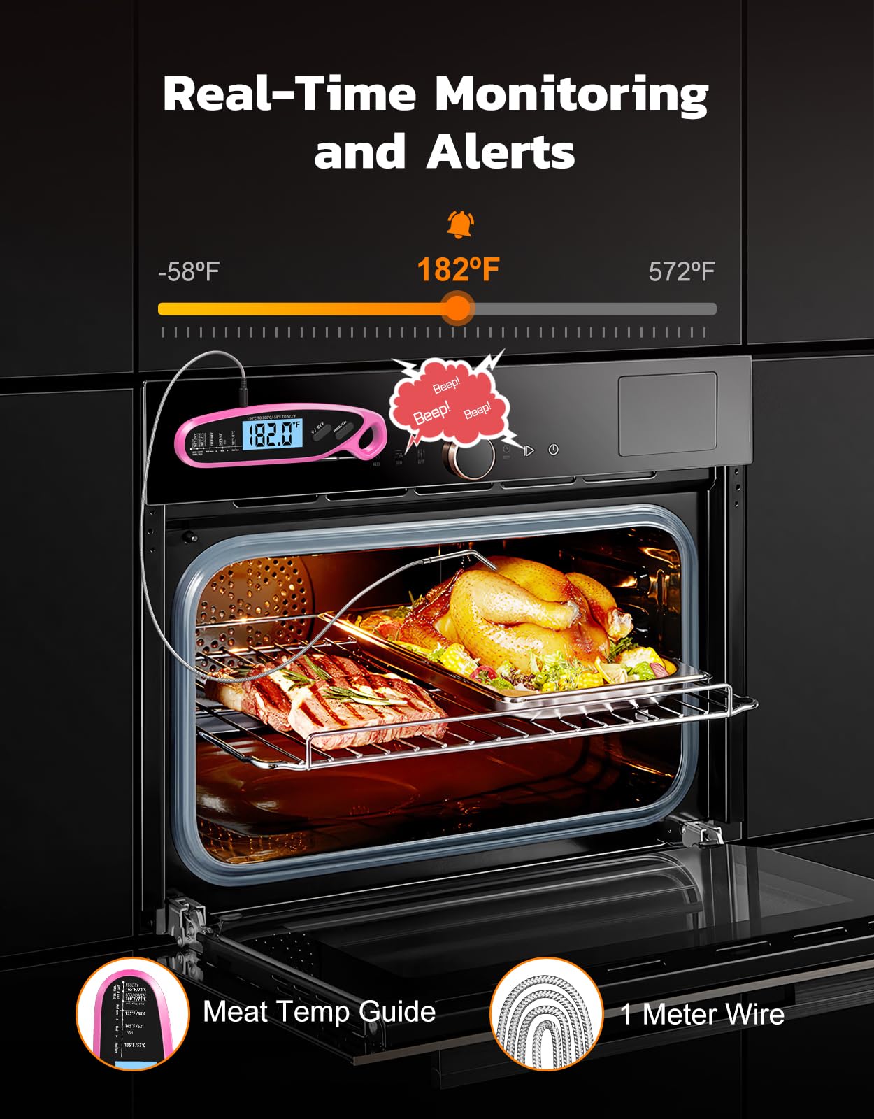 Termómetro digital de carne de lectura instantánea para cocinar y asar con doble sonda, pantalla retroiluminada grande y calibración automática, termómetro de alimentos para parrilla, ahumador