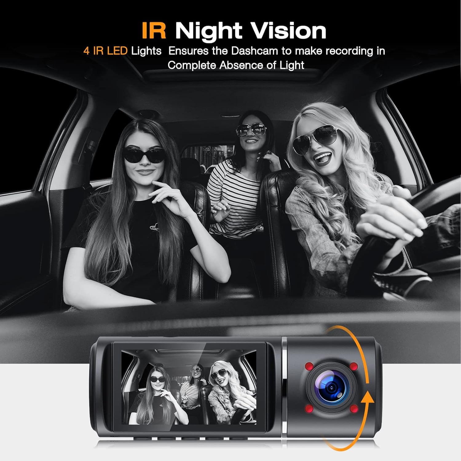 Illustration of IR Night Vision, showing a clear view of car occupants in a dark interior, with the dash cam's IR lights visible.