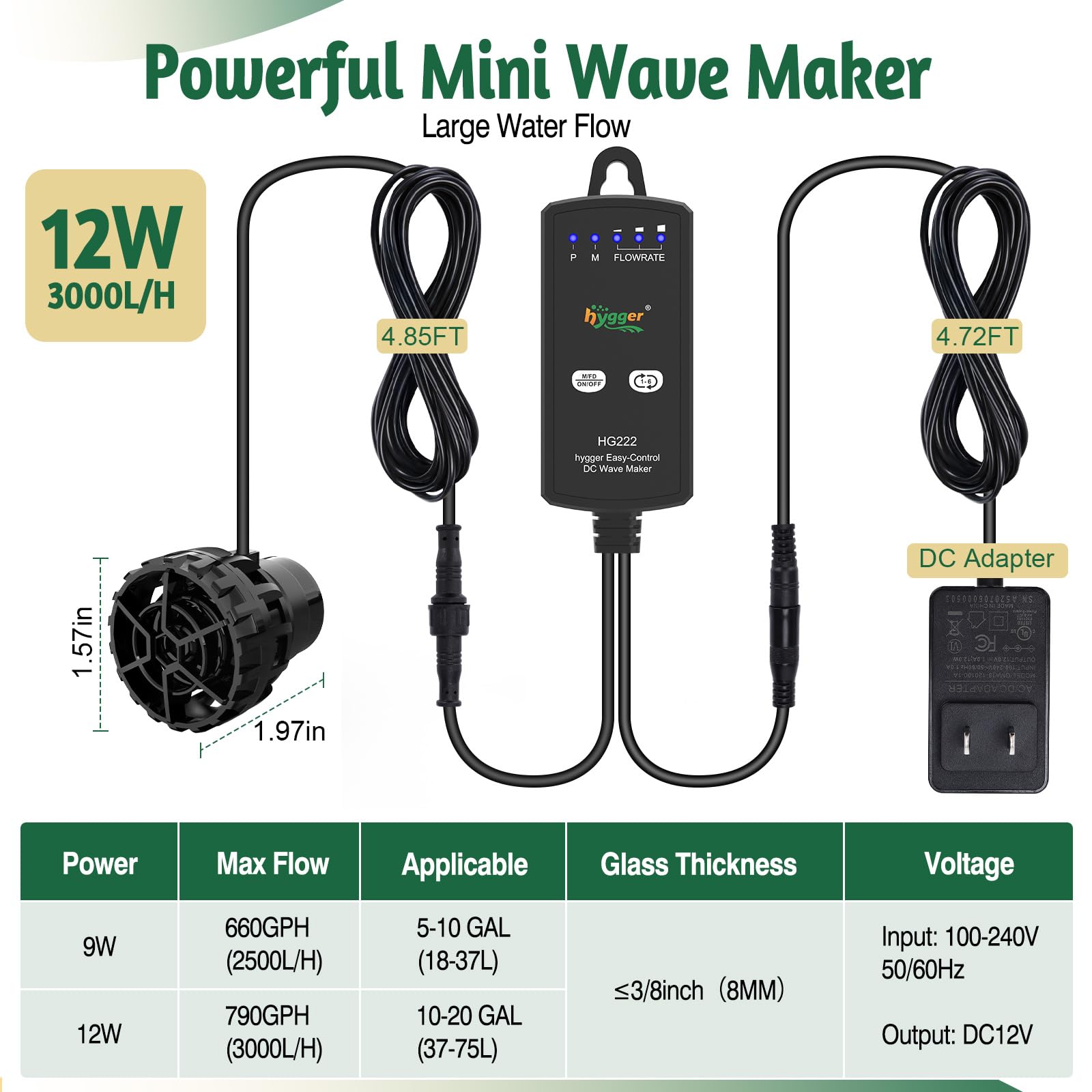 hygger Pompa di flusso per acquario, mini Wavemaker 12 W, 3000 l/h, 790 GPH, pompa ad onda magnetica, pompa di flusso dell'acqua di mare, 3 modalità, 6 velocità regolabile, pompa di circolazione per