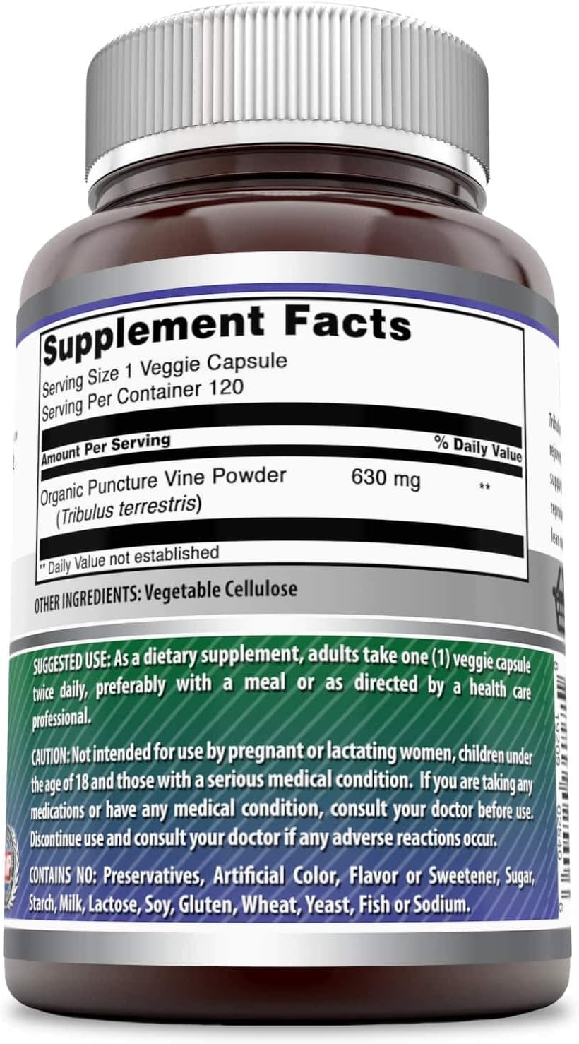 Amazing Formulas Organic Tribulus Terrestris Extract 630 mg per Serving,120 VCaps(Non GMO, Gluten Free, Vegan),Testosterone Booster, Estrogen Blocker, 100% Organic, 45% Steroidal Saponins, No Fillers : Health & Household
