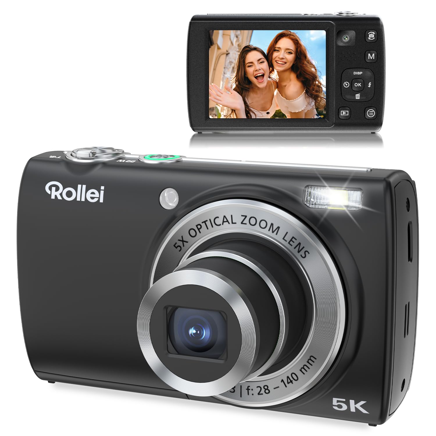 Rollei Powerflex Digitalkamera Compact 5X Optisch Zoom (Touchscreen) 64MP 5K Fotoapparat mit Dual-Kamera AutoFocus Fotokamera Tragbar Kompaktkamera Schwarz, Digital-Kamera-Fotoapparat-Camera