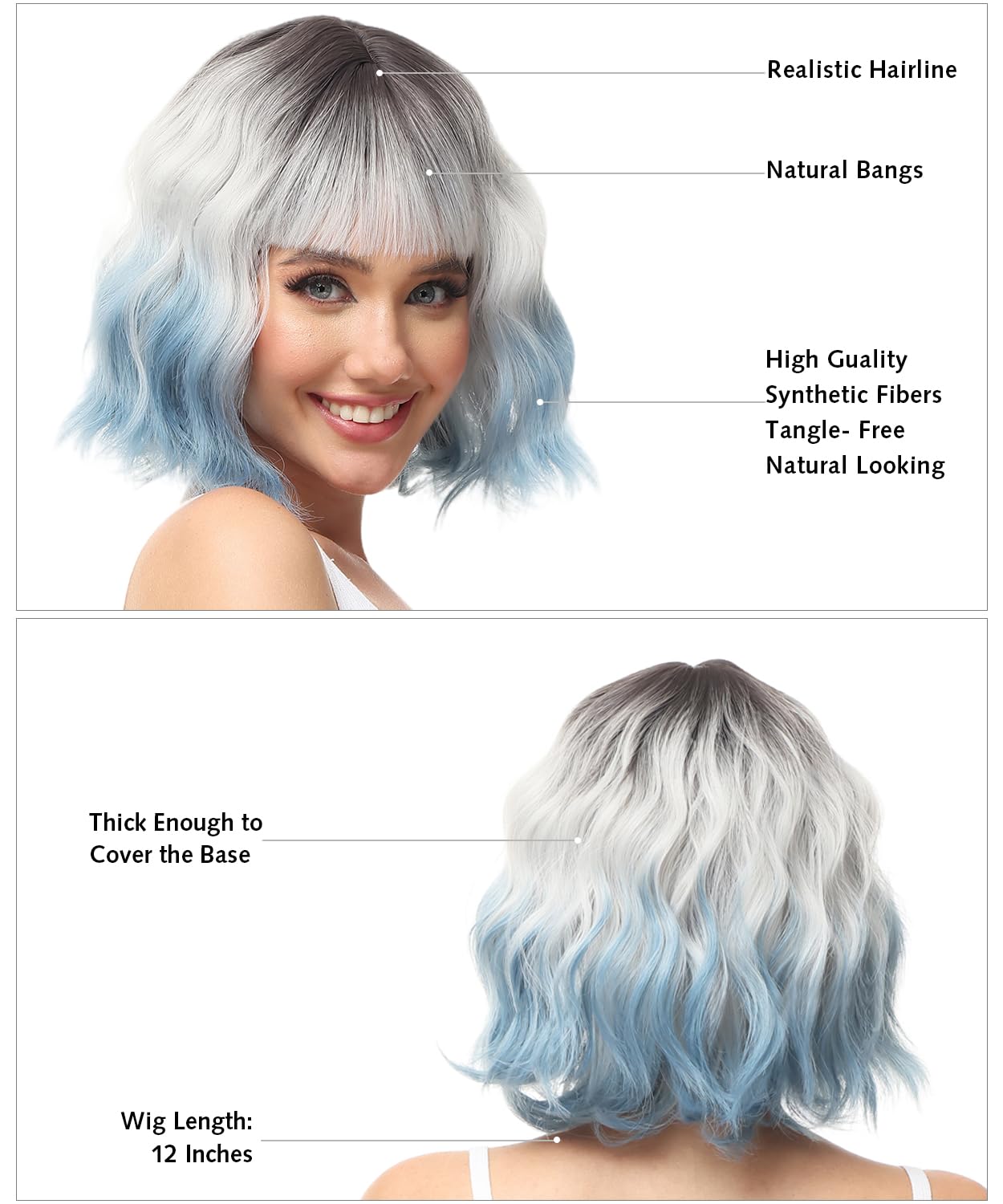 New Shoulder Length Wavy Bob Wig with Bangs Natural Ombre Silver  Yamel Wavy Bob Wig with Bangs Natural Ombre Silver Blue Wig  main image 2