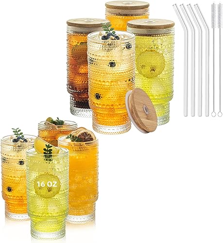 KEMORELA Highball - Juego de vasos para beber de 16 onzas, cristalería tipo hobnail XL, juego de cristalería vintage