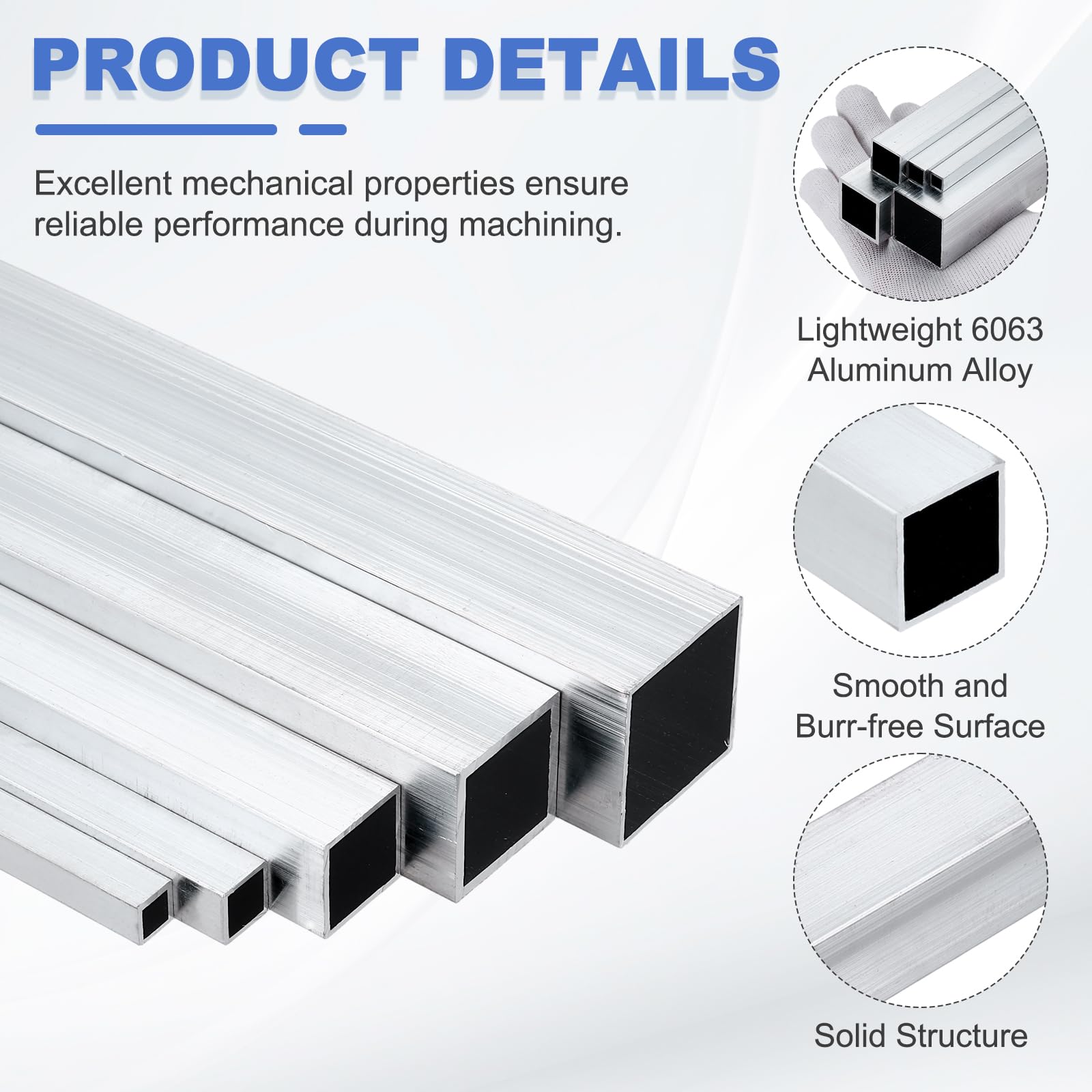 6063 Aluminum Square Tubes - 12" Length -3