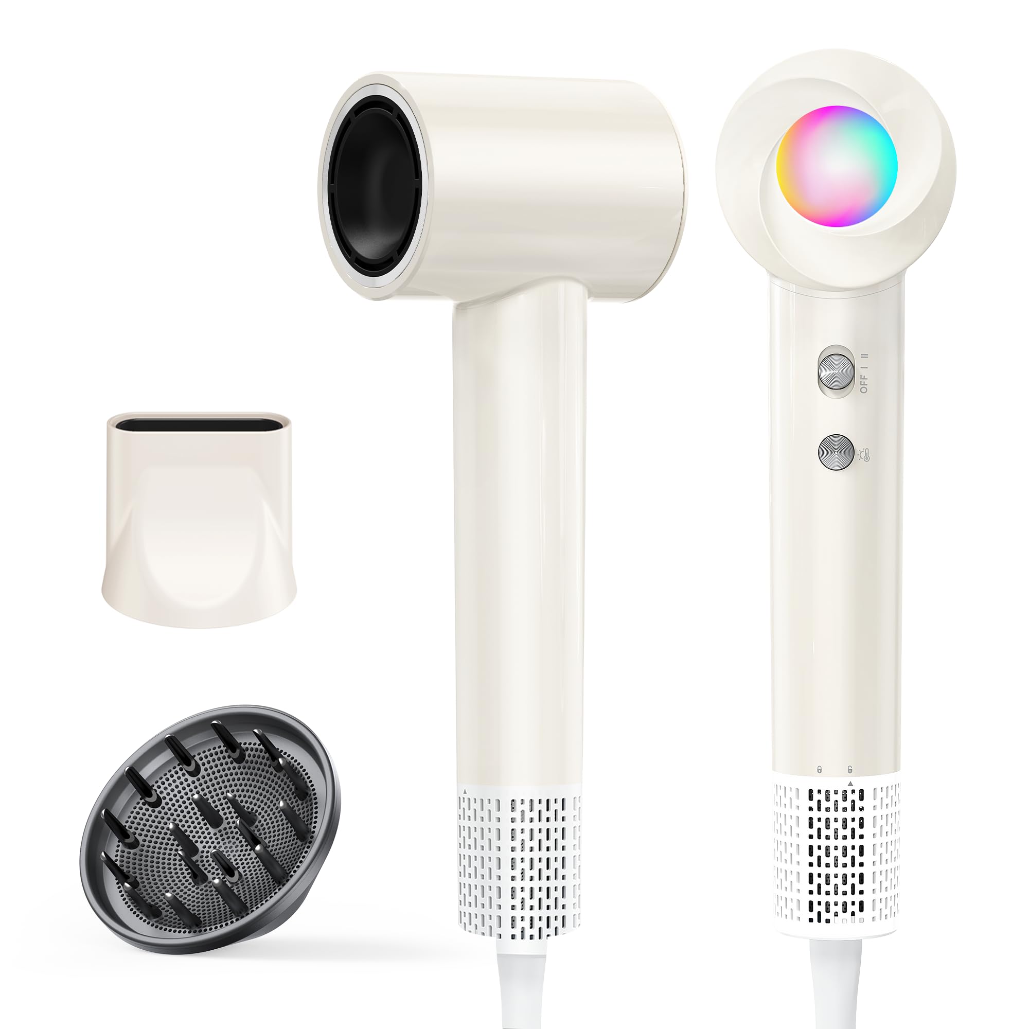 Ionen Föhn mit Diffusor - Haartrockner Schnelles Trocknend 150.000 U/min, Fön mit 500 Mio. Negative Ionen, 8 Temperatur-Stufen mit LED, für Locken/Dicke Haare, Reisen, Zuhause, Salon, Beige