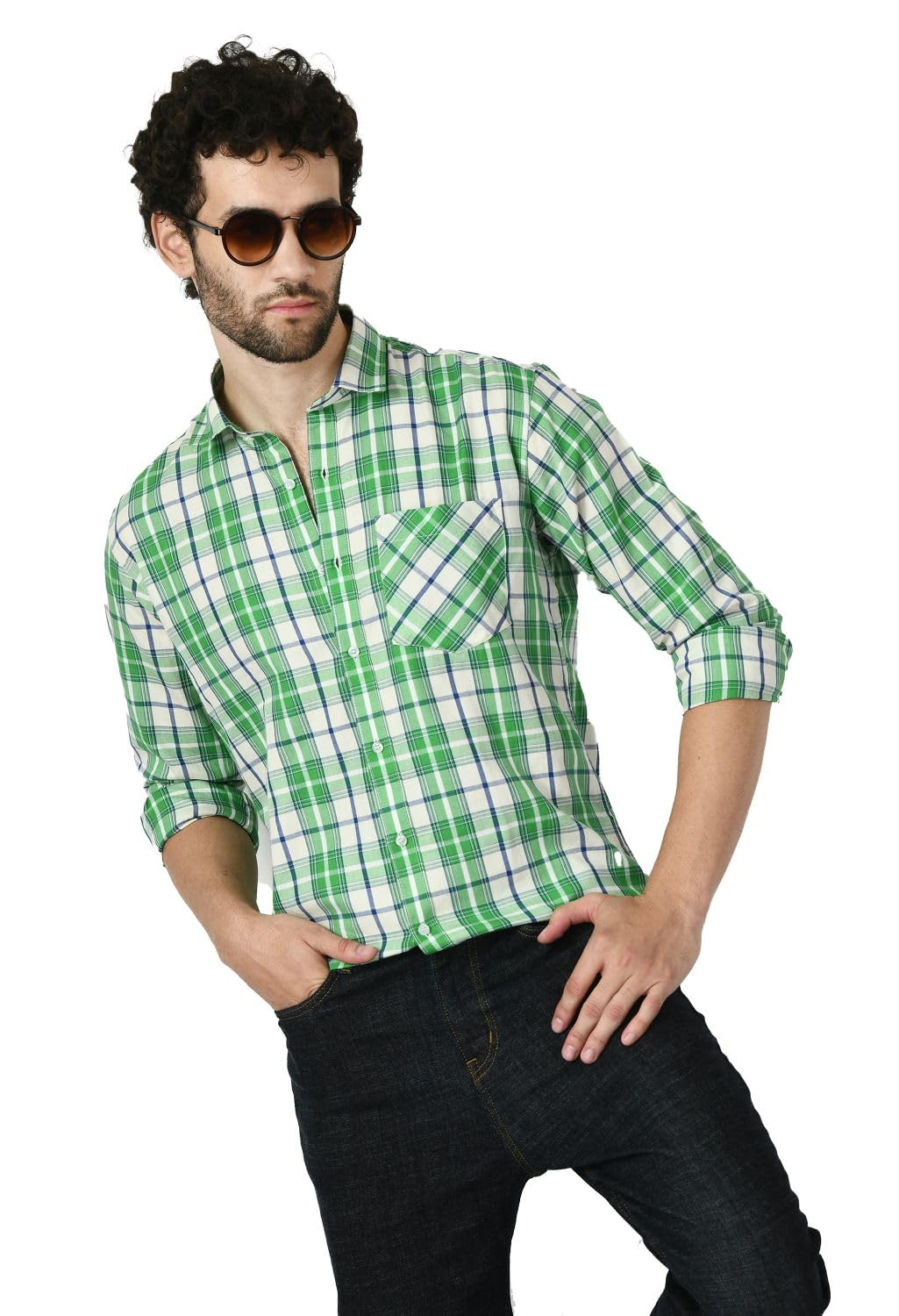 PEBCO Cotton Blended Checks Print Green Full Sleeves Slim Fit Shirt-Pack of 1.
