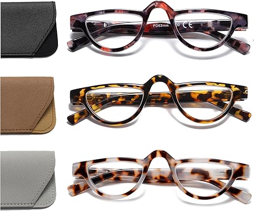 Hubeye 3 pares de gafas de lectura retro de plástico con marco de media luna, bisagras de resorte ligeras para mujeres y hombres +3.5