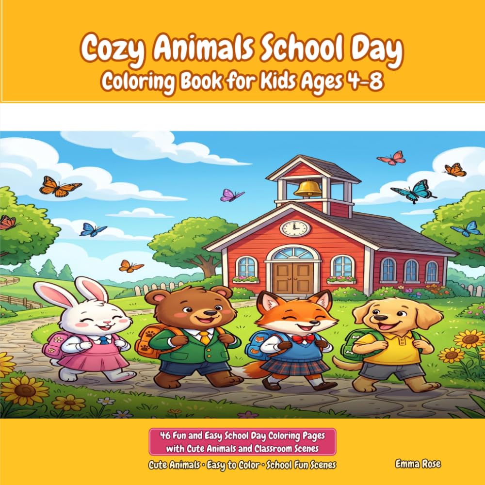Cozy Animals School Day Coloring Book for Kids Ages 4-8: Bold & Easy Cute Animal Designs for Kids