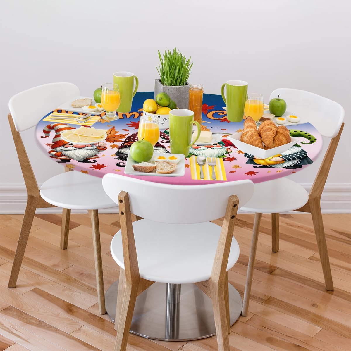 Round Tablecloth with Elastic Edge Gnome Fall Cute Fitted Circle Table Cover wipeable Round Table Cloth for Indoor Outdoor Patio Dining Kitchen Decor for 45-50inch Tables