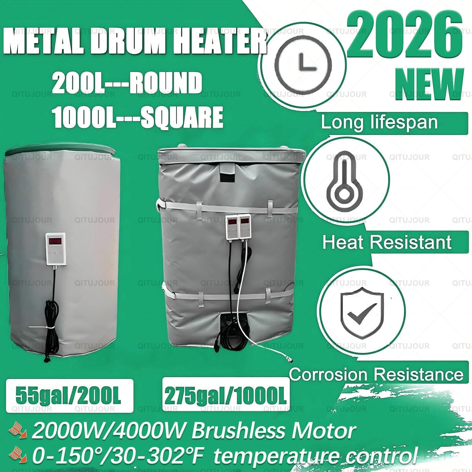 Koc Grzewczy Do Pojemników Ibc Z Pełną Osłoną, Izolowany Grzejnik Do Wiader Metalowych 2000 W/4000 W, Koc Termiczny Do Beczek Z Olejem, Regulowana Temperatura 0~150℃(Silver,275Gallon/1000L)
