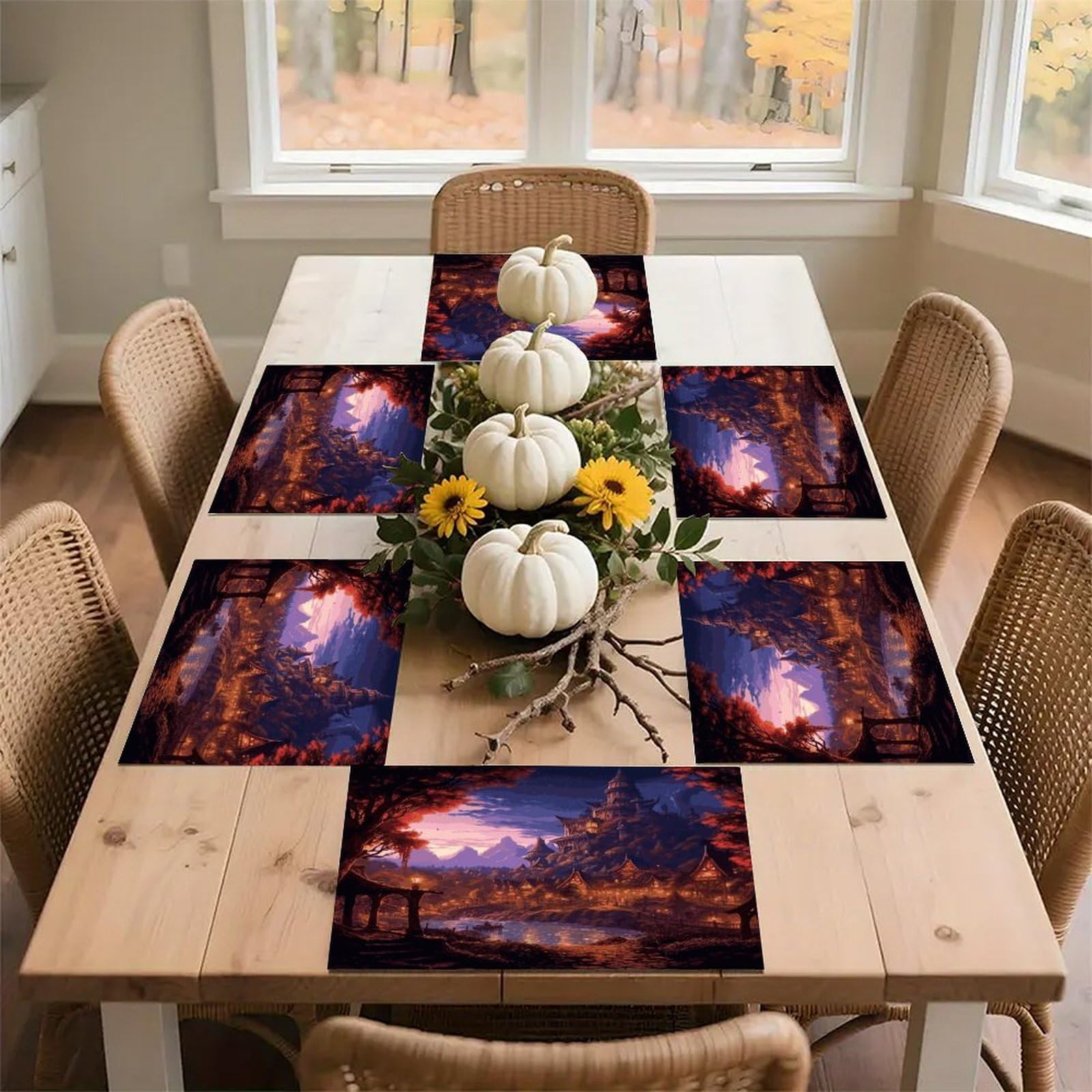 Fantasy Town Placemats Wipeable Heat Resistant Table Mats Washable Flax Place Mats Elegant Cloth Non-Slip Placemat for Kitchen Dinning Party Table Decor 12 * 18 in