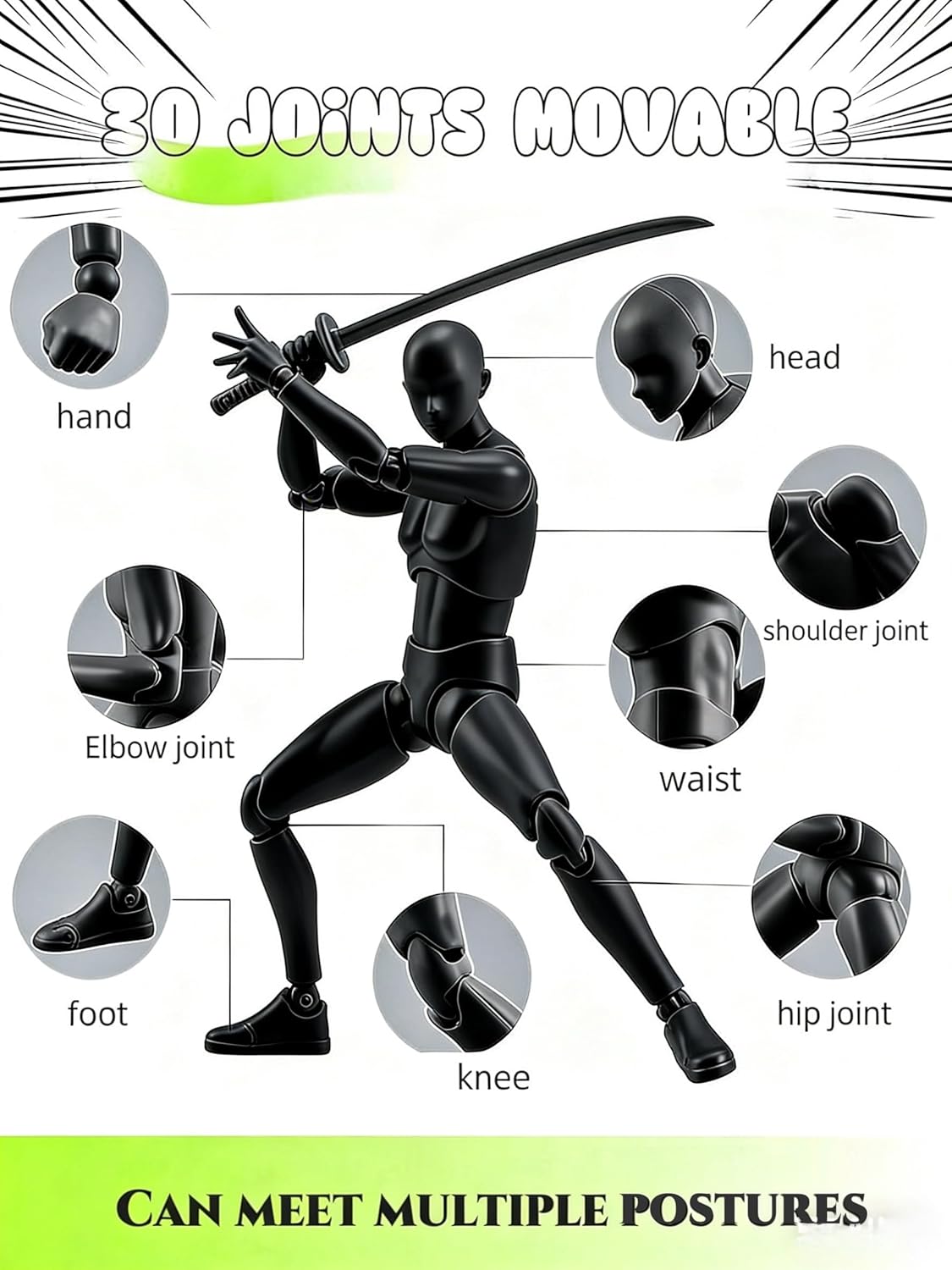 Artists Manikin Art Mannequin Figures Supplies Drawing Tools,Small Drawing Figure Model for Action Figure,Set Sketching,Painting(Black-Male)