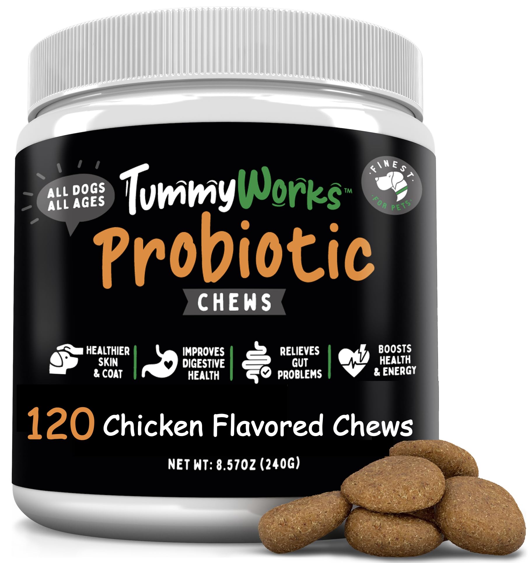 TummyWorks Probiotic 120 Soft Chews for Dogs All Ages - Supports Digestive Health, Relieves Diarrhea, Constipation, Good for Itching, Allergies, Yeast Infections. Added Digestive Enzymes, Made in USA
