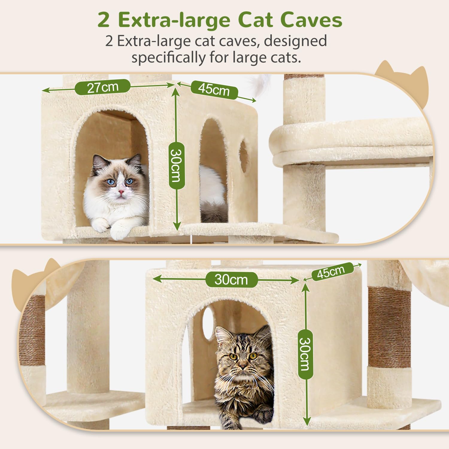 Globlazer Arbre a Chat XXL Beige pour Gros Chat 189 cm avec 2 Grande Niches 45 * 30CM, 3 Plateforme Rembourrée, 2 Panier, Peluche Jouets, Arbres à Chats XXL pour Grande Chats Intérieur (F74F, Beige)