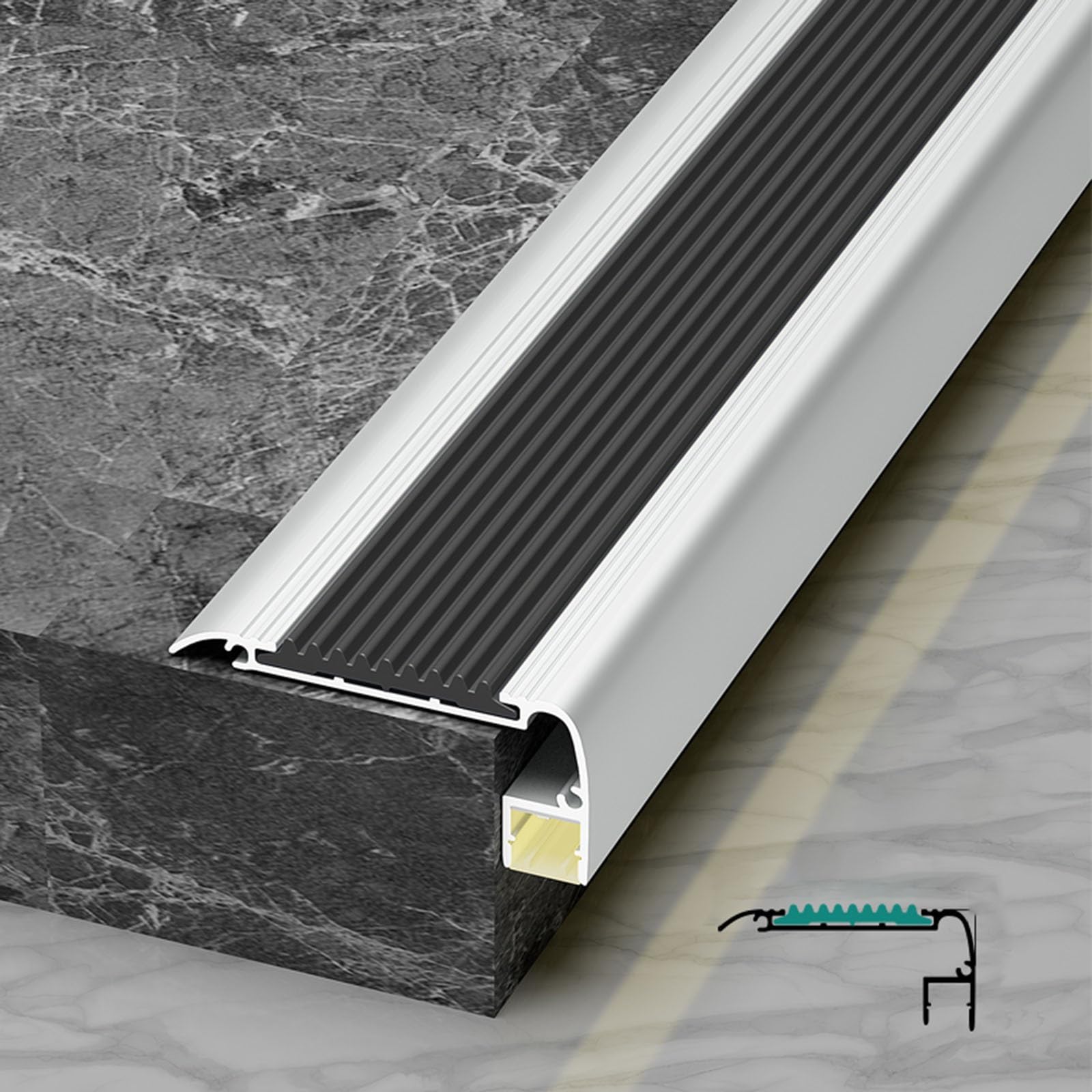 Nez de marche en carrelage aluminium noir 110cm avec profilé LED x5