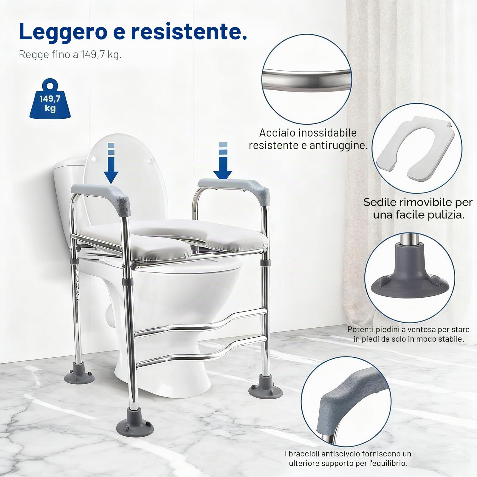 Rialzo WC per Anziani, Sedile del Water Rialzato con Braccioli e Seduta Imbottita Regolabile in Altezza 66-74 cm Comoda WC Alzata Water per Anziani, Disabili, Incinte, Ausilio da Bagno