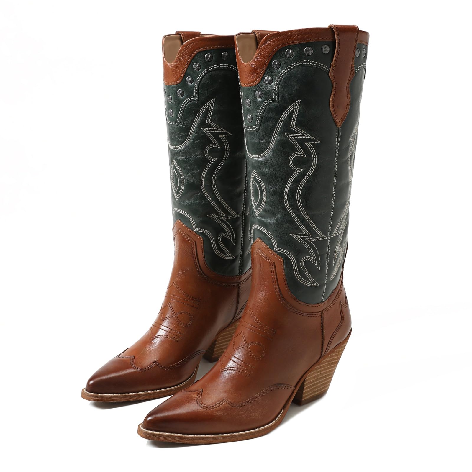 Goolita Studded Cowboy Boots For Women Pointed Toe Stacked Chunky Heels Mid Calf Western Boots with Retro Embroidered