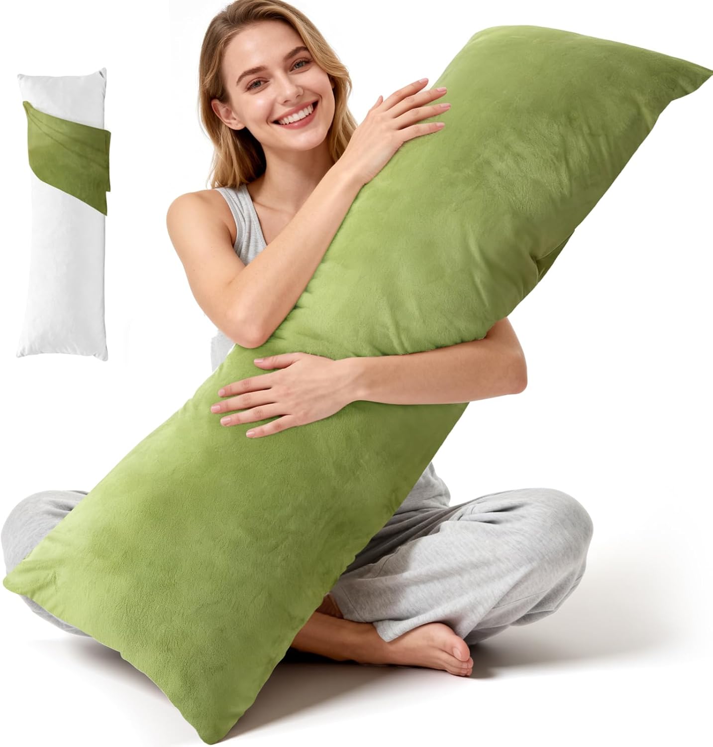 Body Pillow for Adults with Removable Pillowcase，Memory Foam Full Body Pillows for Side Sleepers, Back Pain, Pregnancy, Large Long Pillow Fluffy with Cover for Bed,20x54 Inch, Green