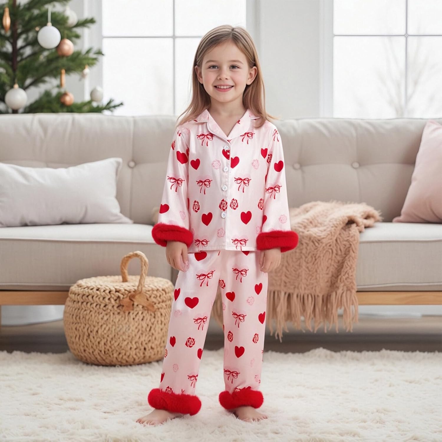 Qiylii 2-Piece Baby Girl Satin Pajamas Feather Trim Button-Up Pajamas Sleeper Silk Shirt Pant Toddler Long Nightgown - Image 2