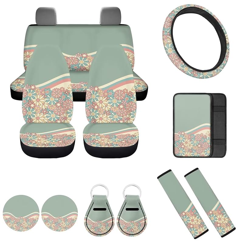 Kit de capas para bancos automotivos FUIBENG Green Swirl Wavy Floral com acessórios, 12 peças