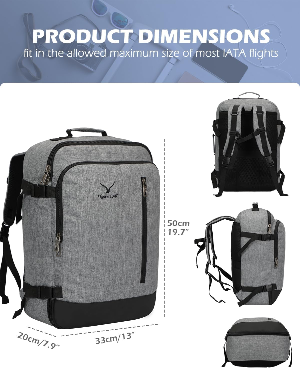 Hynes Eagle Carry on Backpack 38L Large Travel Backpack for Women Flight Approved Weekender Bag Laptop Backpack Men 15 inches Black Grey with 3PCS Packing Cubes Set Black