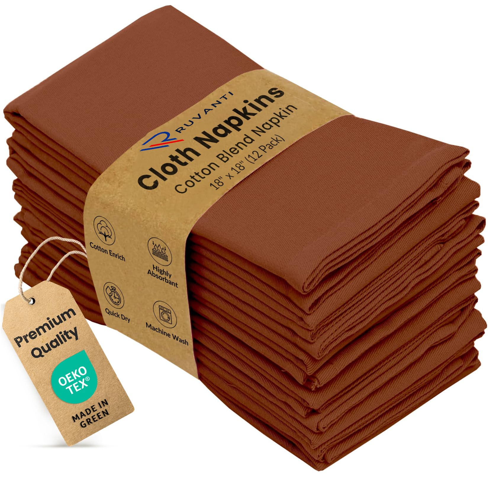 Ruvanti Cloth Napkins Set of 12, Cotton Enrich 18”x18” - Rust