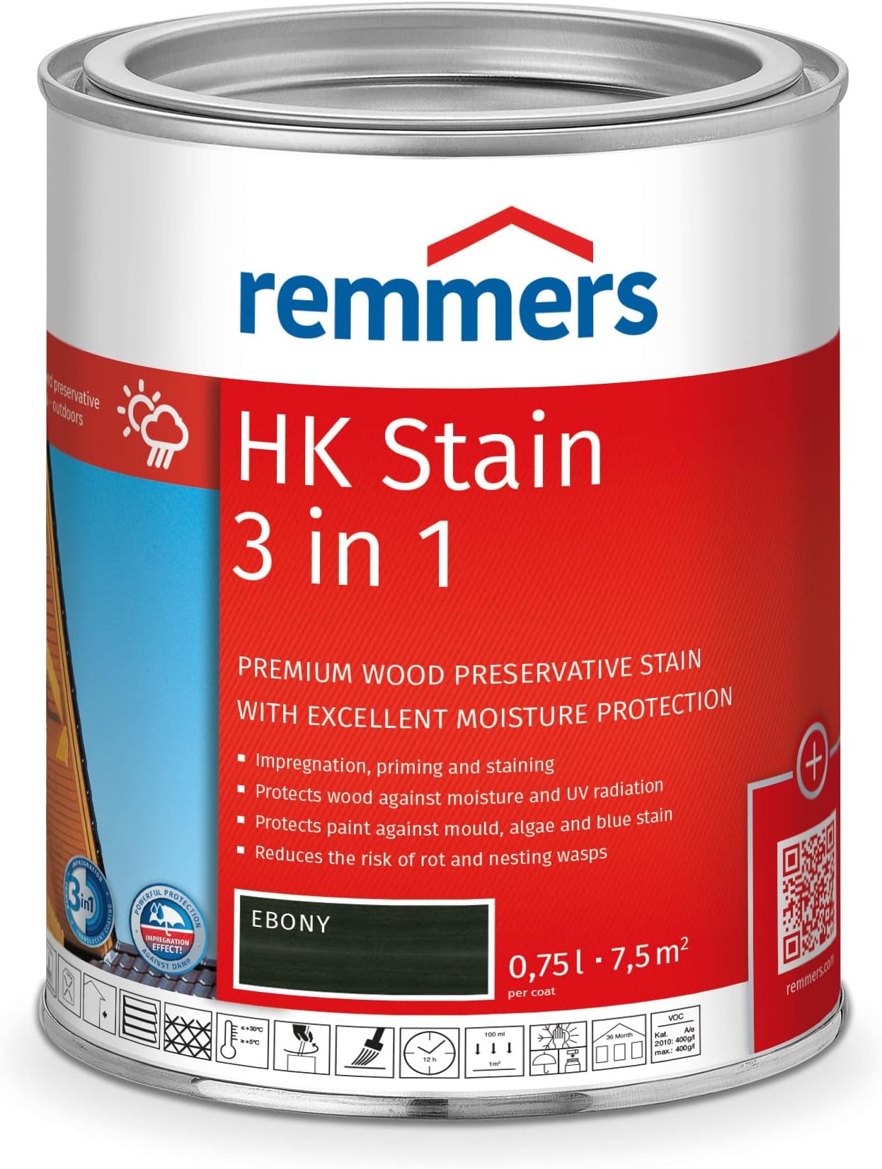 Remmers HK Stain Ebony, 0,75 Litre, Decorative, Solvent-Based Premium Wood Preservative Stain for Exterior use, 3-fold Wood Protection with Impregnation + Primer + Stain