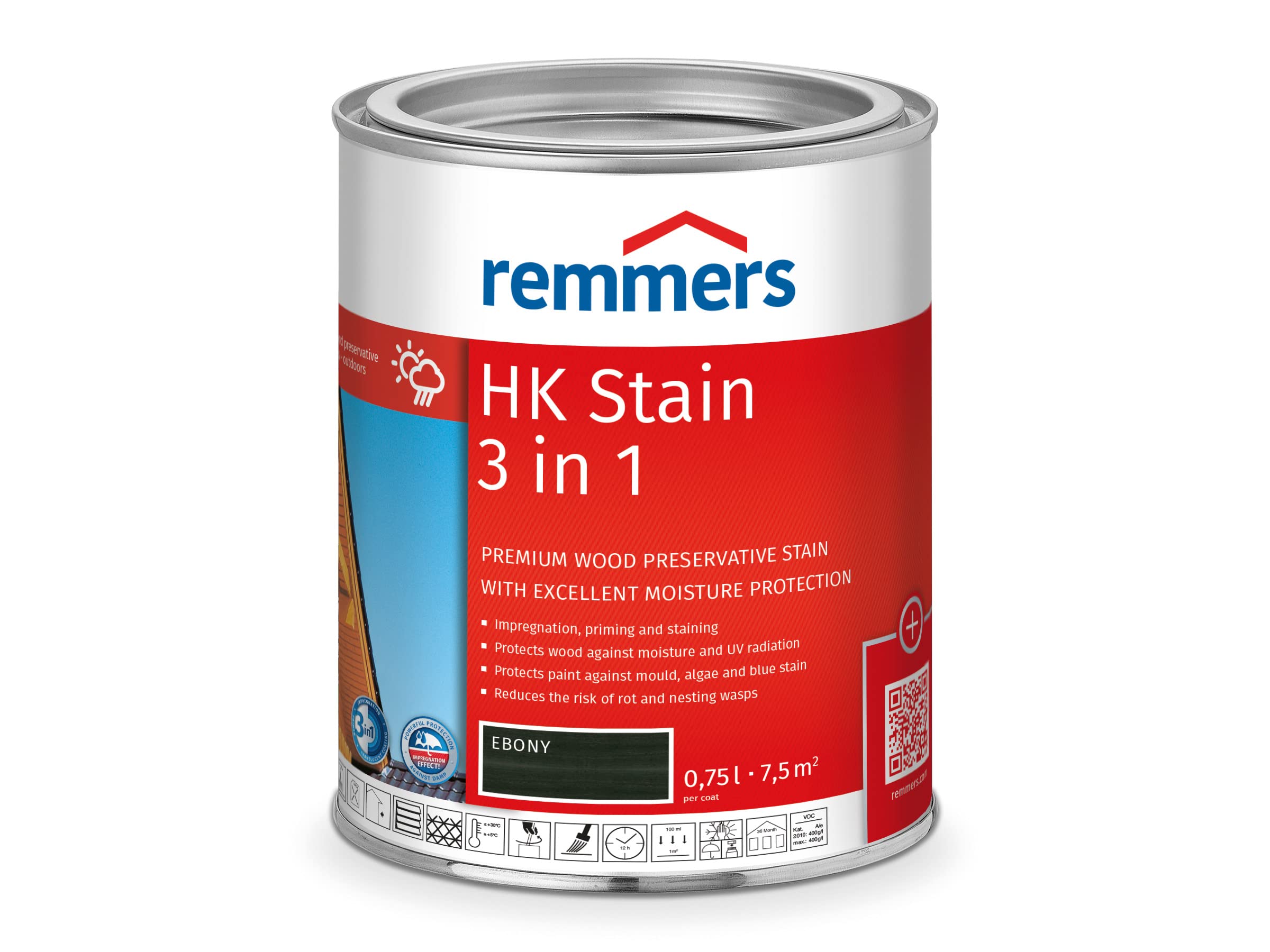 Remmers HK Stain Ebony, 0,75 Litre, Decorative, Solvent-Based Premium Wood Preservative Stain for Exterior use, 3-fold Wood Protection with Impregnation + Primer + Stain