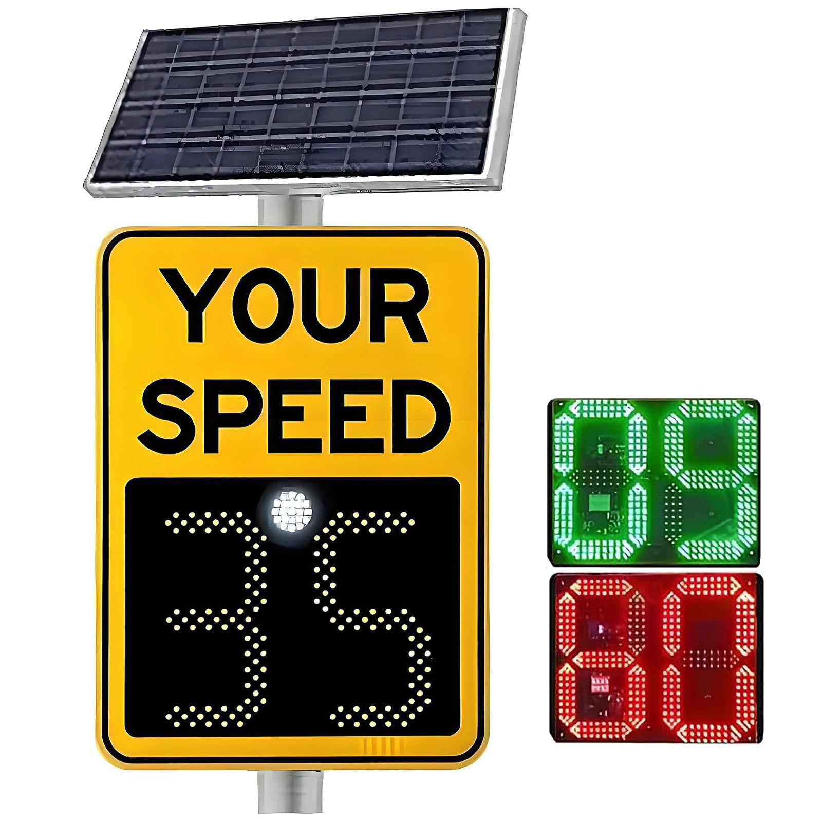 Señal de visualización de velocidad de radar alimentada por energía solar con indicador de límite de velocidad intermitente, tablero de advertencia de carretera de aluminio, señal de límite LED