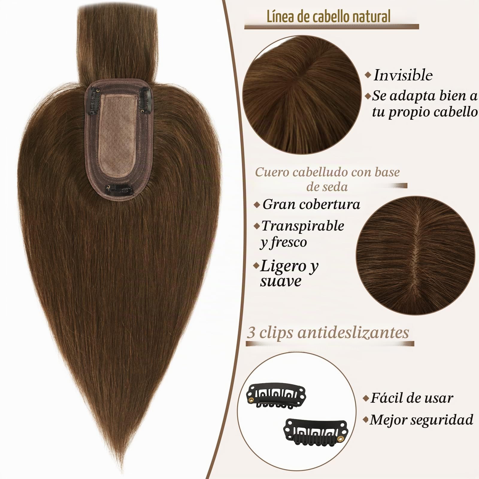 RUWISS Cabello Humano para Mujeres Corona de Extensiones de Cabello Corto Pelucas para el Adelgazamiento del Cabello 7.5 * 13CM Base de Seda 100% Cabello Humano Clip in Topper 30cm 40g (Marrón medio)