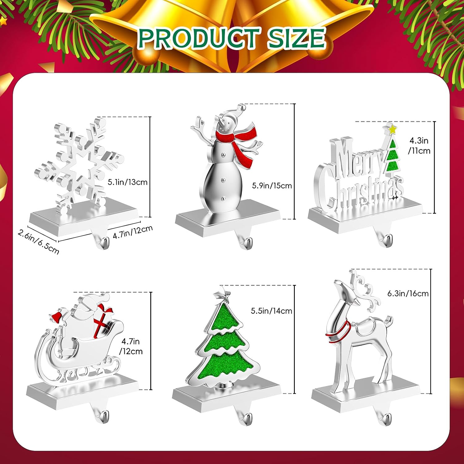 6 Pack Christmas Stocking Holders for Mantle Stockings Hanger | Set of 6, Snowflake Snowman Tree Deer Reindeer Heavy Weighted Hooks for Mantel Fireplace Windows Indoor Decorations Silver