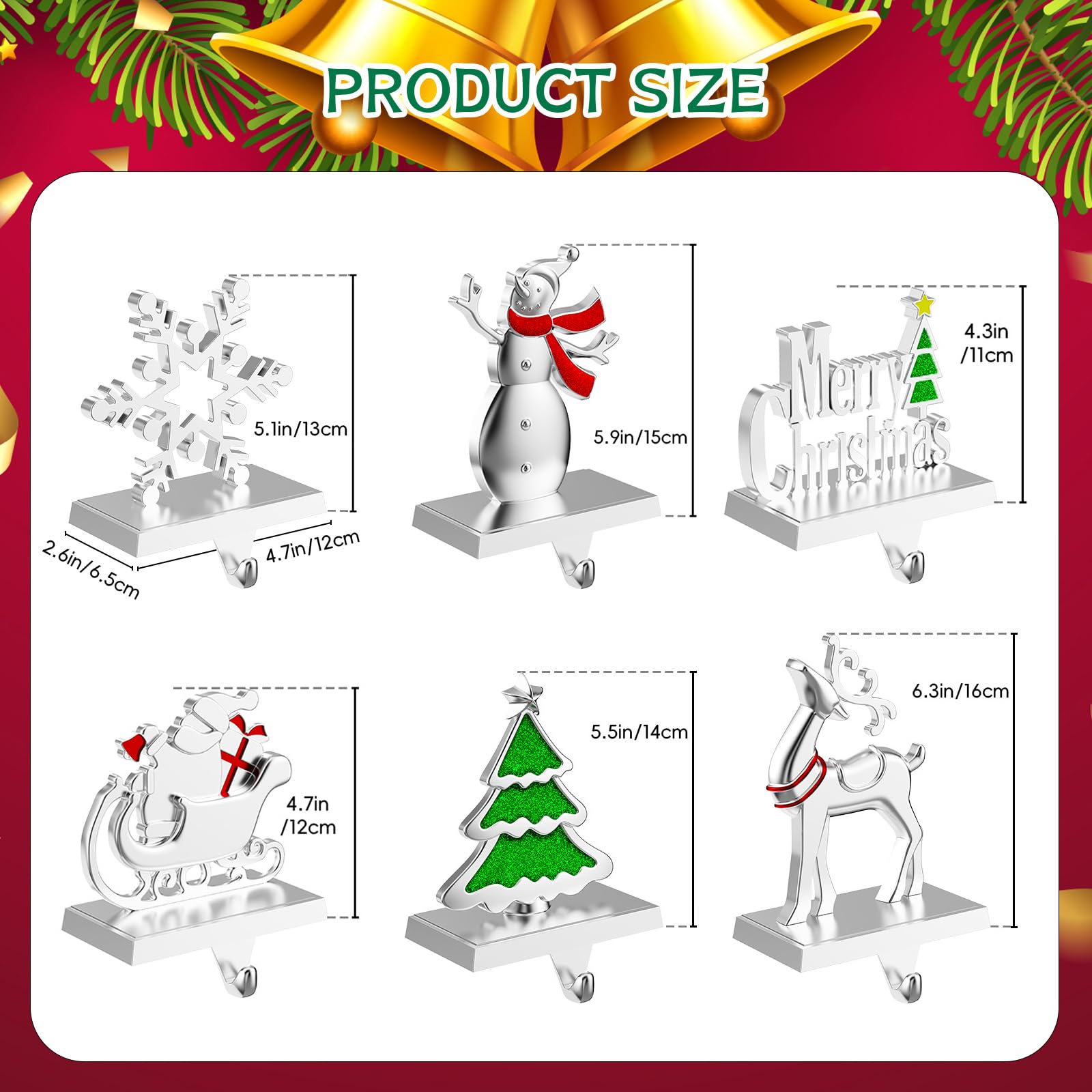 Lot de 6 supports de chaussettes de Noël pour cheminée - Crochets lourds pour cheminée, fenêtres, décorations d'intérieur - Argenté