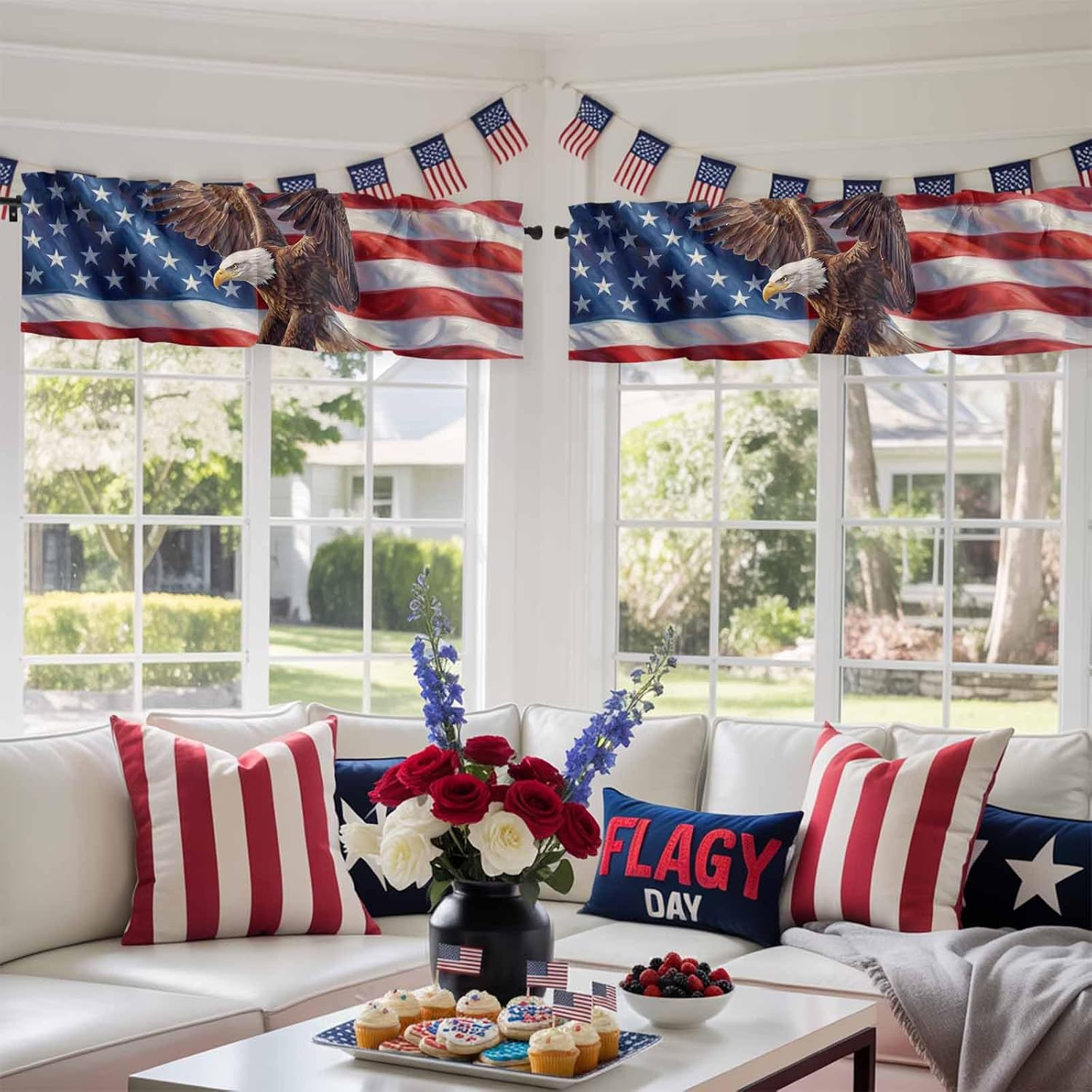 4th of July Valance for Windows Majestic Bald Eagle Curtains Valances Patriotic American Flag Valance Window Treatments Short Curtains for Kitchen Living Room Bedroom Independence Day Decor 54x18 Inch