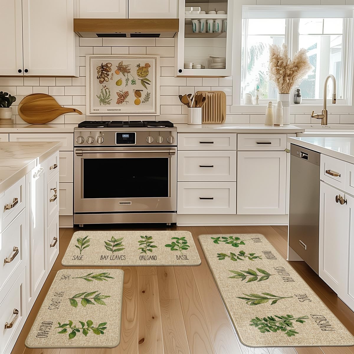 Artoid Mode Parsley Sage Oregano Basil Bay Leaves Kitchen Mats Set of 3, Seasonal Holiday Party Low-Profile Floor Mat for Home Kitchen - 17"x29"+17"x36"+17"x47"