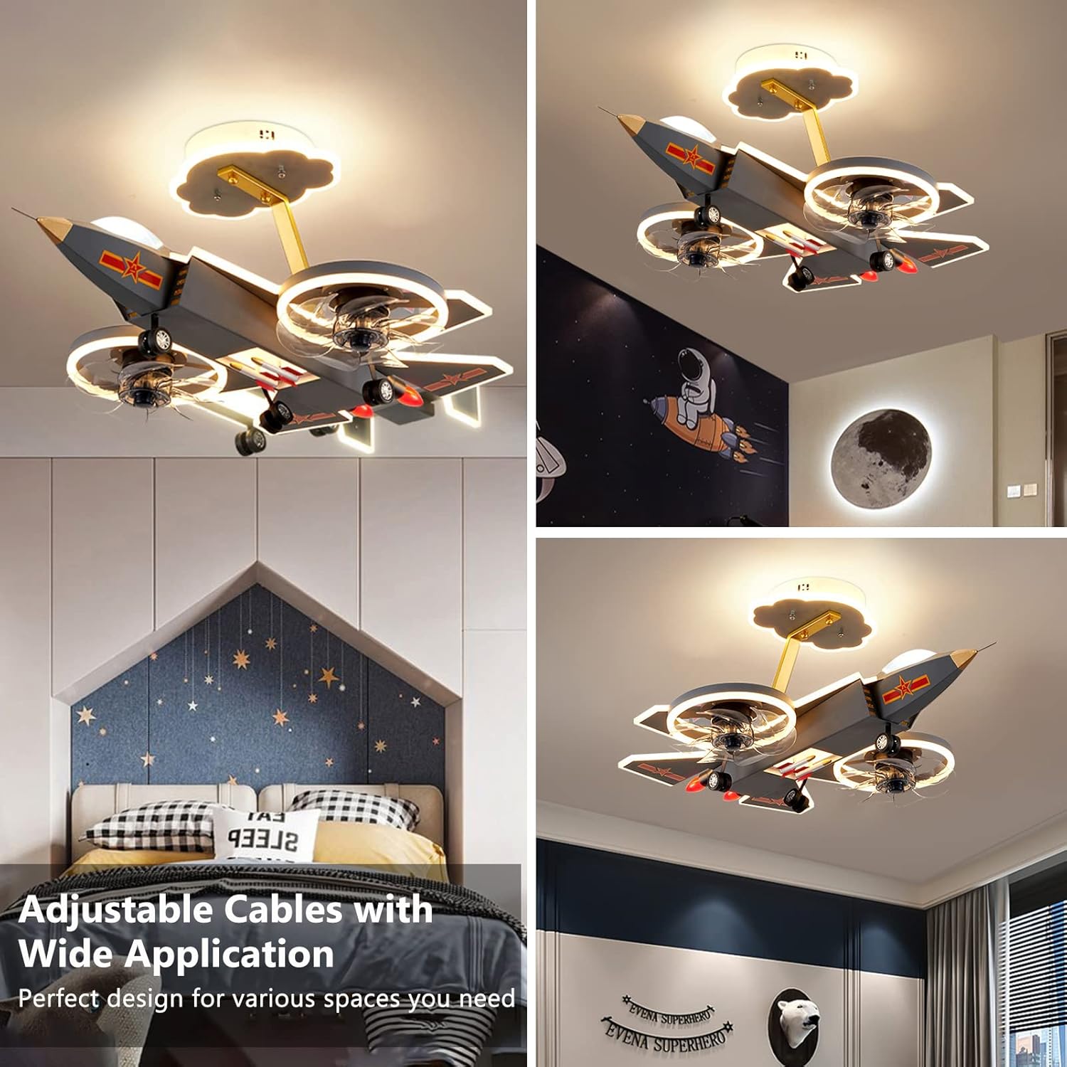 Modern Kids Ceiling Light Cartoon Airplane Fan Chandelier Grey Fighter Shape with ABS Fan Blade Ceiling Fan with Lights for Boys Bedroom Children's Room Living Room Birthday Gift