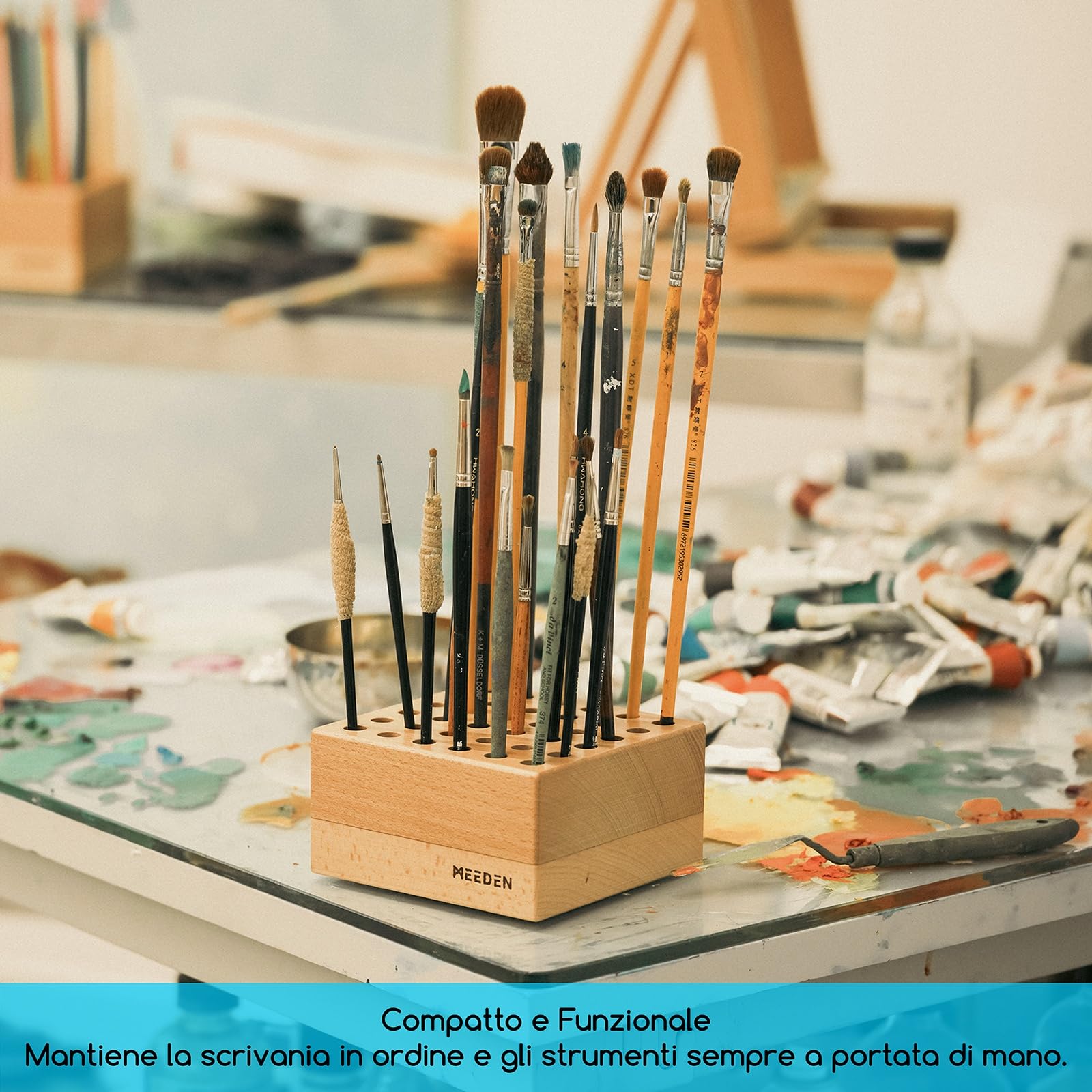 MEEDEN Portamatite e porta pennelli in legno di faggio: organizer per pennelli da pittura a 36 fori, supporto per matite in legno per pennelli, penne e strumenti artistici, espositore per pennelli