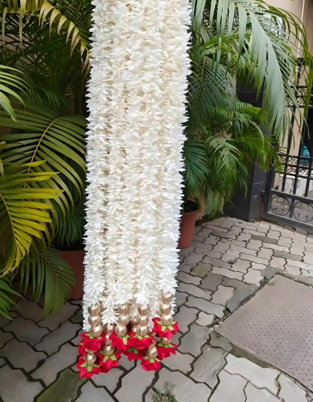 artificial jasmine flower garland with gold beads and red roses 5 pc | wedding decoration, white floral strings, gold bead tassels, pooja & festive use, reusable decor