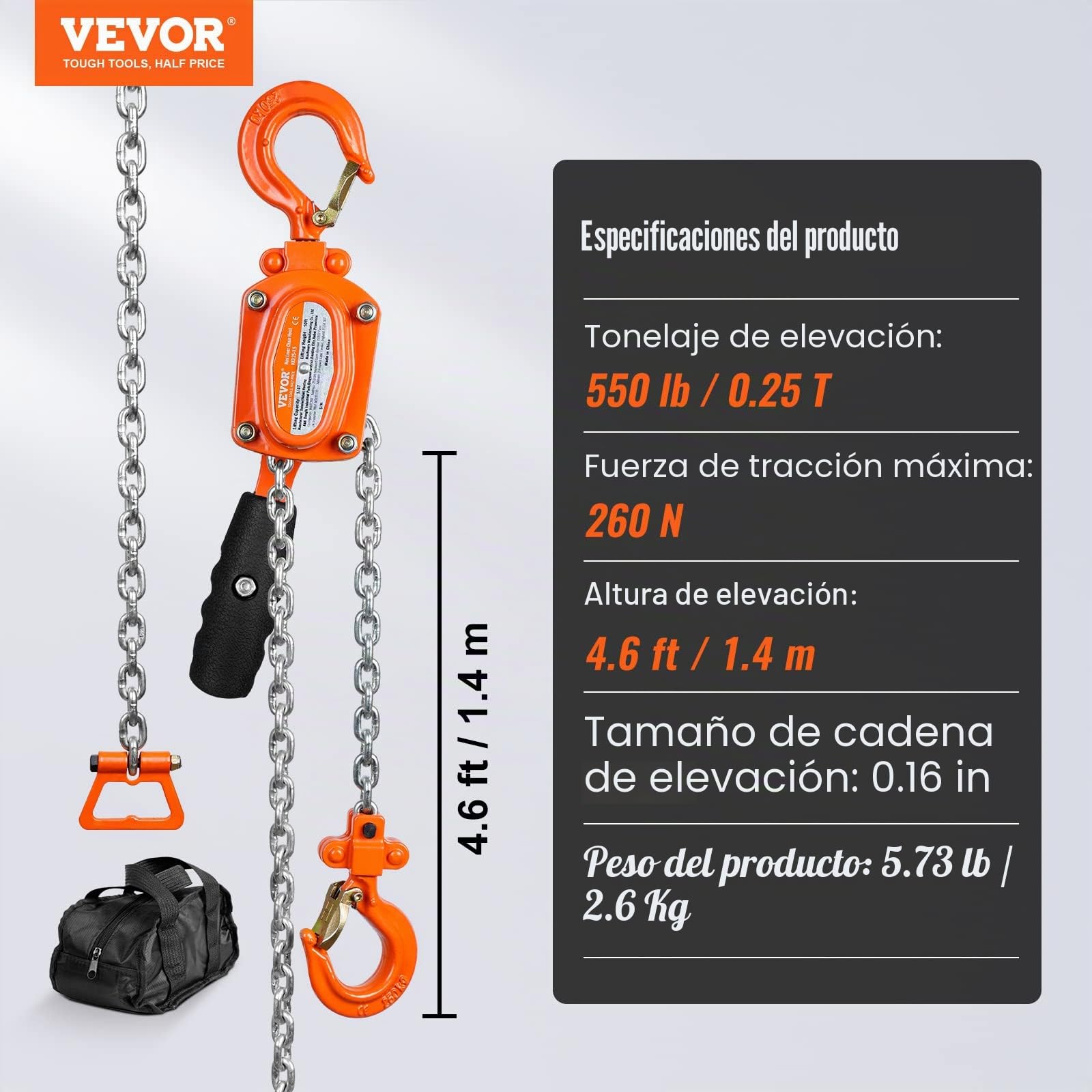 VEVOR Mini Polipasto Manual de Palanca 0,25T Polipasto de Cadena con Carraca Manipulación Elevación 1,4m Acero al Carbono G80 Freno Weston Gancho Guía de Cadena con Doble Carraca 360° para Mercancías