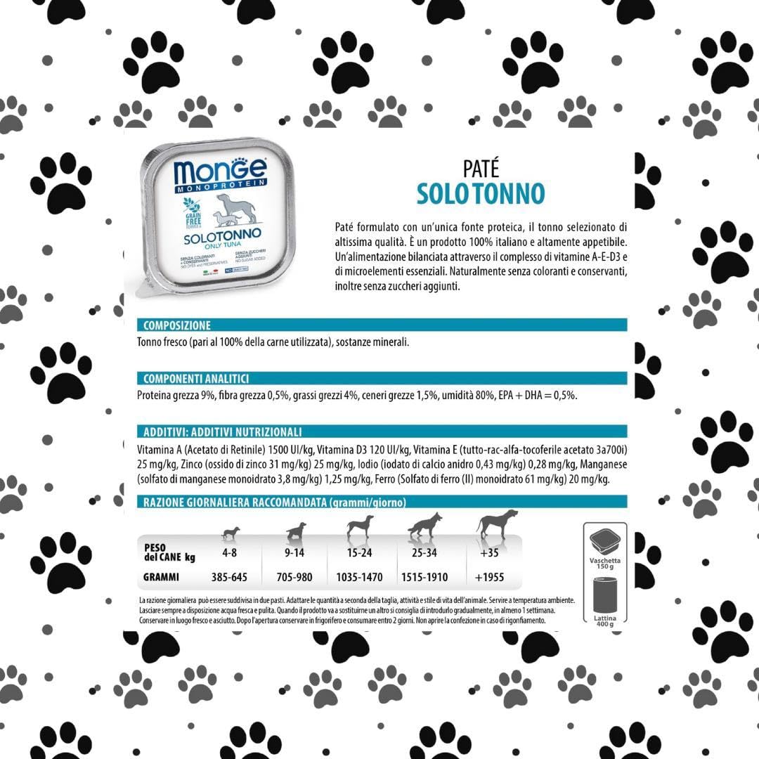 Monge Monoprotein húmedo perro sabor solo atún fórmula grainfree | 12 latas de 150 gramos cada una.